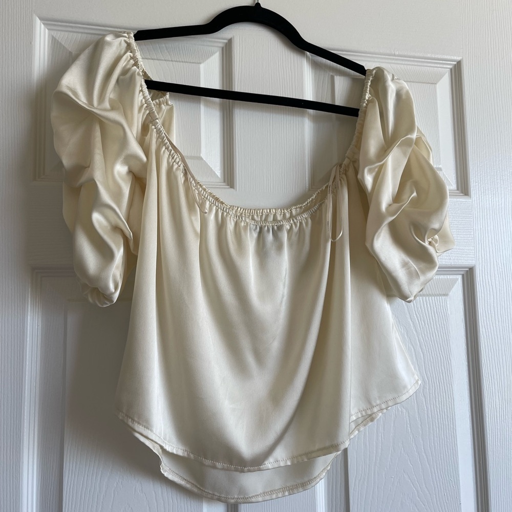 silky satin off-white off-the-shoulder top
